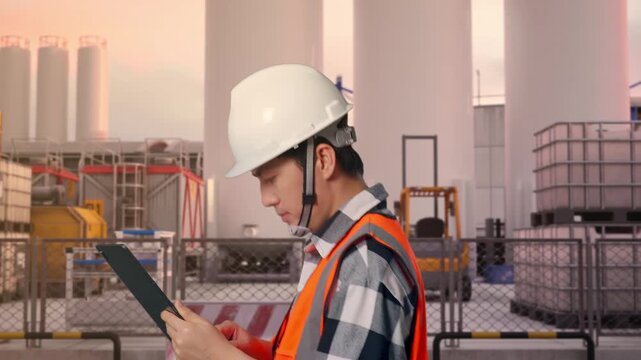 Side View of Asian Male Engineer Use Tablet While Walking at Storage Facility with IBC Totes, Large Silos and Safety Barriers at Sunset