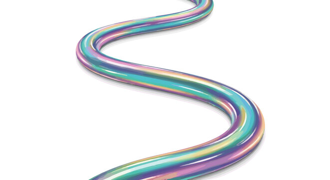 A single smooth iridescent tube structure with a curved S-shape design rests isolated on a plain white background featuring vibrant multi-colored reflective surfaces.