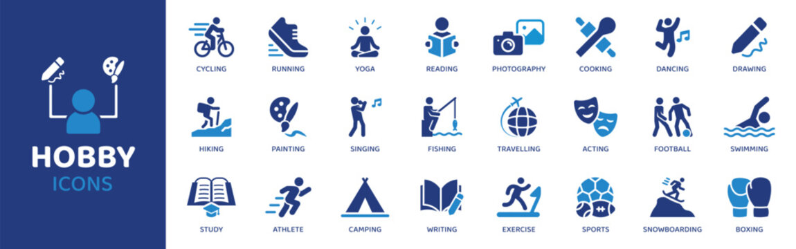 Hobby flat icon set. Containing icons as cycling, running, yoga, reading, photography, cooking, dancing and more. Solid vector web icons collection.