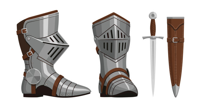 Two pieces of articulated medieval steel leg armor are arranged next to a sharp metal dagger and its protective brown leather sheath on a plain surface.