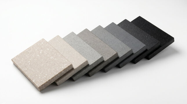 Modern engineered stone color palette samples in a gradient from light to dark, isolated on white background