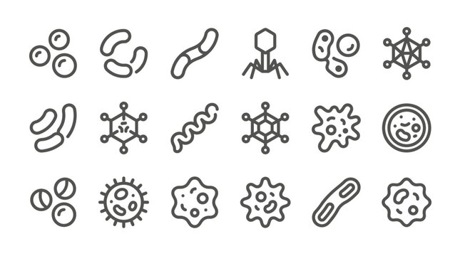 Collection of minimalist line icons representing various bacteria viruses and microbial organisms in a clean outline style, Represents medical research and symbolizes scientific education