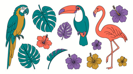 Fototapeta premium Colorful tropical birds set with macaw parrot flamingo toucan accompanied by monstera leaves and hibiscus flowers, representing summer vacation themes and providing decorative elements