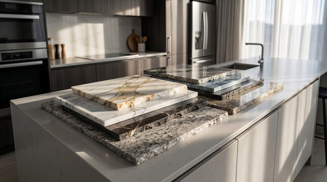 Diverse marble and granite stone samples displayed on a modern kitchen island, perfect for kitchen design inspiration