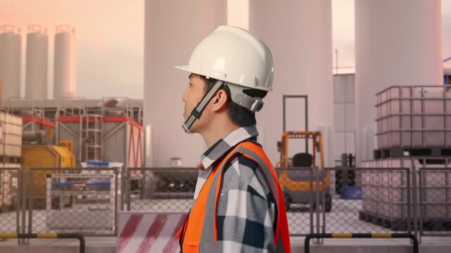 Side View of Asian Male Engineer Waving Hand Saying Bye While Walking at Storage Facility with IBC Totes, Large Silos and Safety Barriers at Sunset
