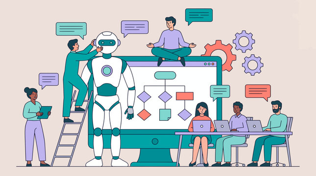 Professional team collaborating on humanoid robot development using a large monitor showing logic flowcharts and system gears, illustrating artificial intelligence or digital transformation