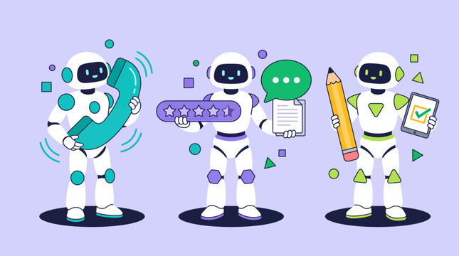 Three friendly white robots performing customer service tasks like handling phone calls, star ratings and digital document management, representing AI automation, illustrating business support