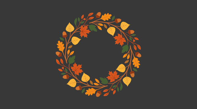 Colorful circular autumn wreath composed of maple leaves oak branches and acorns on a dark grey background, Symbolizing seasonal harvest celebrations and representing nature graphic design