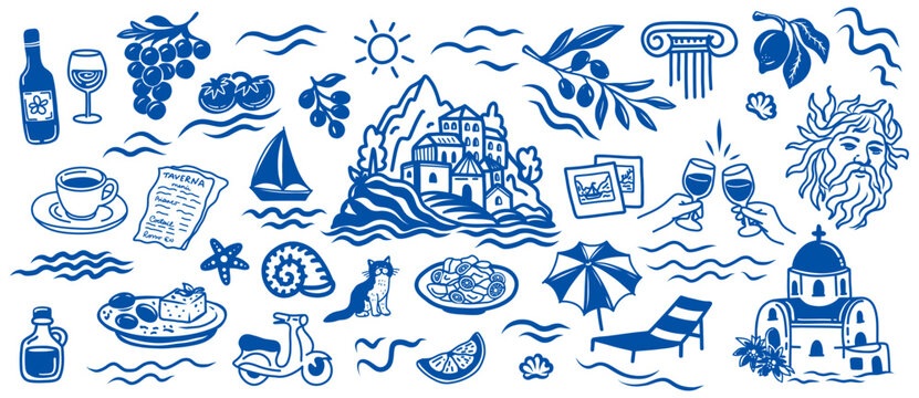 Blue Mediterranean summer doodle collection with island village, drinks, olives, sailboat, church, seafood, beach and travel icons. Vector illustration.