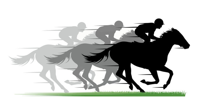 Dynamic silhouette of jockeys racing horses on a green turf with motion blur effects on a white background, Represents competitive sports spirit, symbolizing equestrian racing events