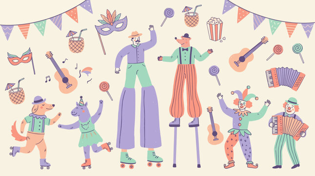 Pastel hand drawn circus illustration set with clowns stilt walkers and animals on roller skates, symbolizing childhood entertainment and representing creative event promotion