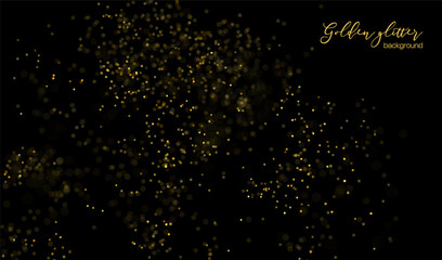 Glitter background dust with gold golden light and effect shine sparkle. Vector glow confetti with magic abstract holiday and luxury star texture. Shiny black glitter with stardust bright gold. © Shanvood