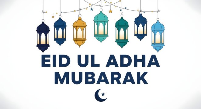 Eid al adha mubarak wishes colorful lanterns and stars greeting