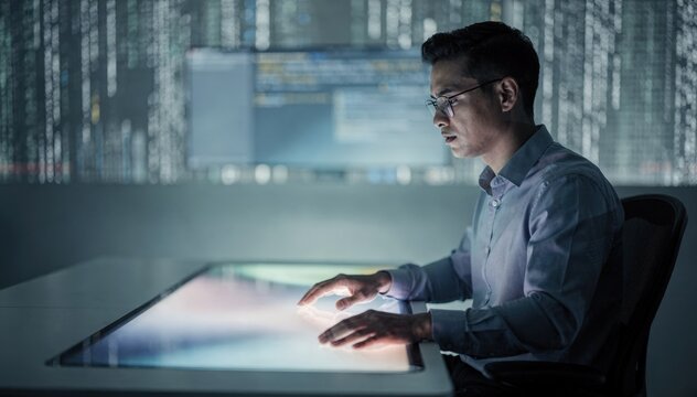 Medium shot of a database administrator executing rollback commands on a sleek interface the main display in focus and the background filled with blurred code lines.