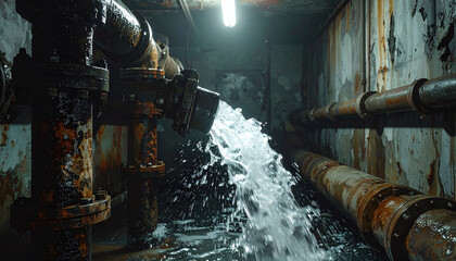 Obraz premium Gritty shot of a burst industrial pipe in a dark basement. This atmospheric image represents plumbing emergencies, infrastructure failure, and urban decay, ideal for insurance or repair ads.