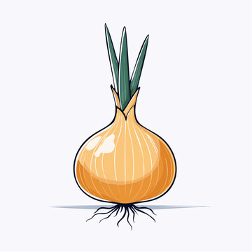 Illustration of a Yellow Onion with Green Sprouts and Roots
