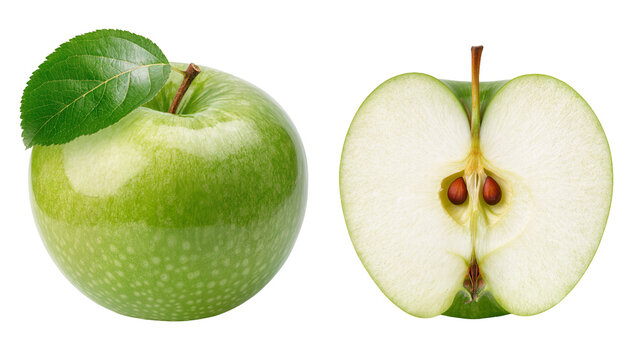 Isolated fresh green apple with leaf and stem next to a sliced half, showing core and seeds