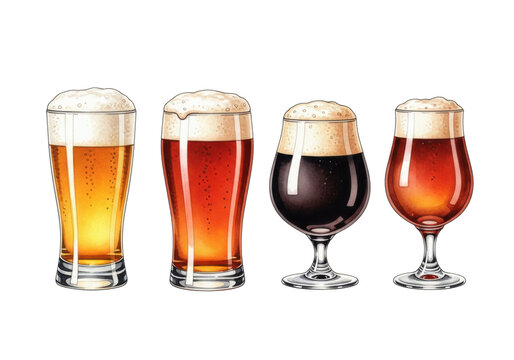 Watercolor illustration of four craft beer glasses (lager, ale, stout, specialty) with vibrant liquids and foam, against a bright white background. Concept for beverage advertising
