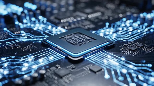 Close up of a central processing unit with illuminated digital circuitry