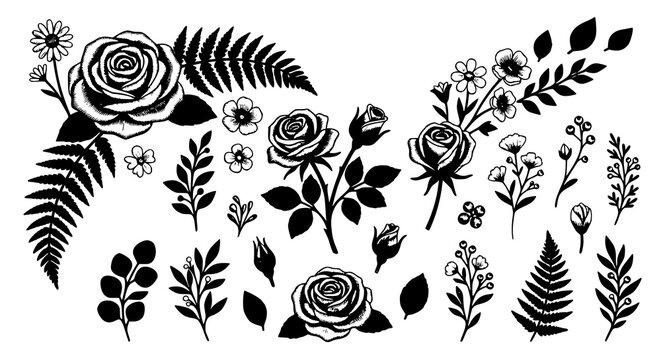 Floral rose embroidery vector with satin stitch flowers and leaves bouquet illustration