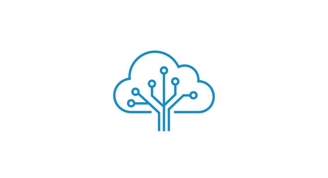 Blue cloud icon with digital tree network pattern isolated on white.