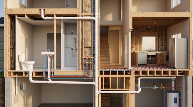 Cutaway view of a house with exposed plumbing and wiring