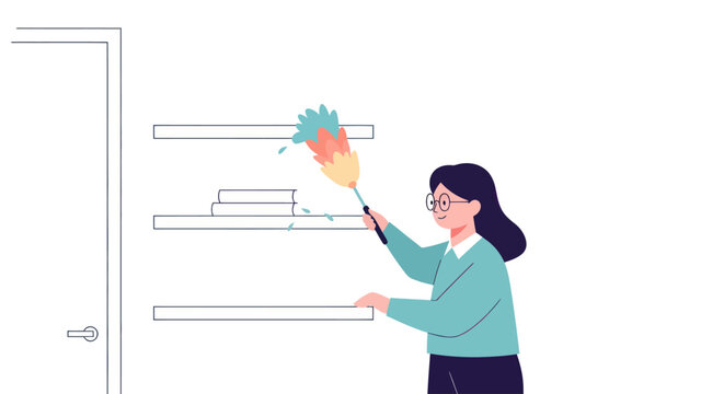 Woman cleaning shelves with a colorful feather duster in a minimalist room.