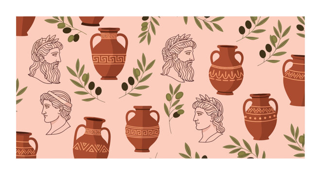 Seamless pattern with ancient Greek god heads, terracotta amphorae and olive branches.