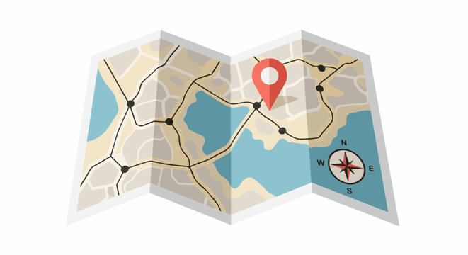 An unfolded map showing roads, water bodies, a destination marker, and a compass