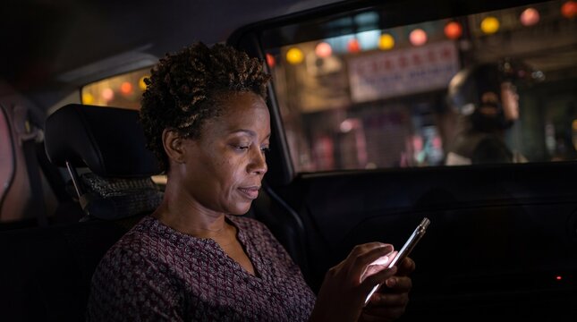 Woman using smartphone in back seat of car at night