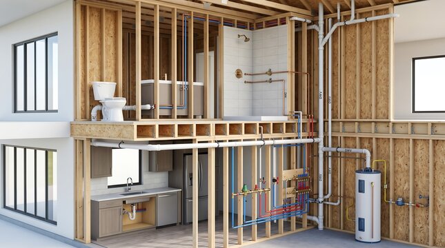 Plumbing installation in wooden framed residential construction under progress
