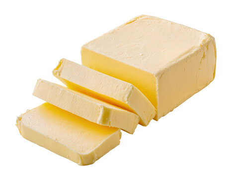 Isolated block of fresh dairy butter with several slices cut off, ready for cooking or baking