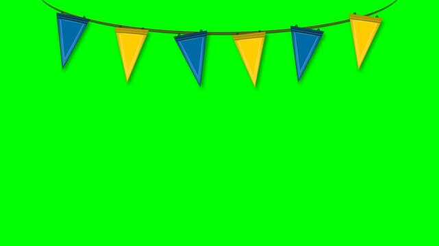 Blue and Yellow Triangular Bunting Garland Hanging on Green Screen for Party Celebration and Carnival Background Composite