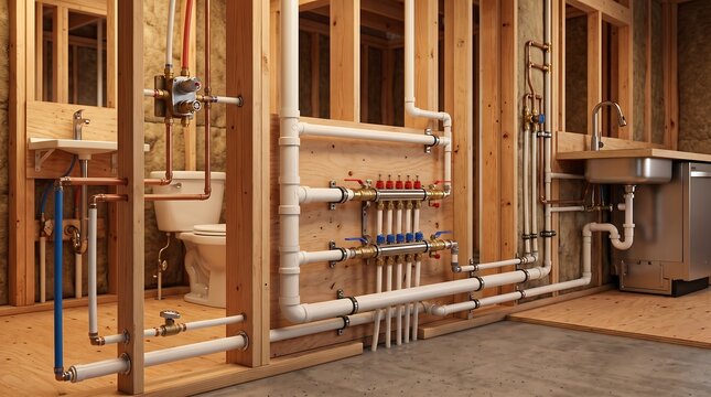 Plumbing system in a house under construction with exposed pipes