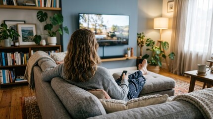 Obraz premium A woman relaxes on a large gray sofa, watching television. She is holding a remote control and wearing a gray sweater.