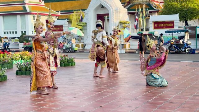 Traditional Thai Khon Dance Performance at Wat Suthat Temple in Bangkok
