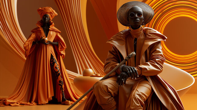 afrofuturistic dreamscape with african figures in surreal interior, surreal afrocentric vision in futuristic abstract space, crazy african characters in vibrant afrofuturism room