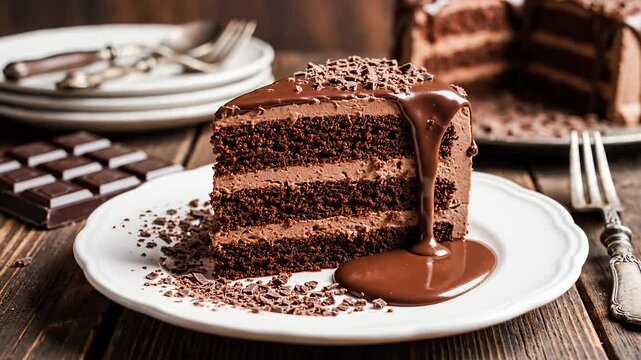Delicious chocolate cake slice with dripping sauce and chocolate pieces