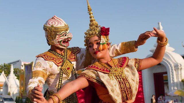 Traditional Thai Khon Dance Performance at Wat Suthat Thepwararam in Bangkok