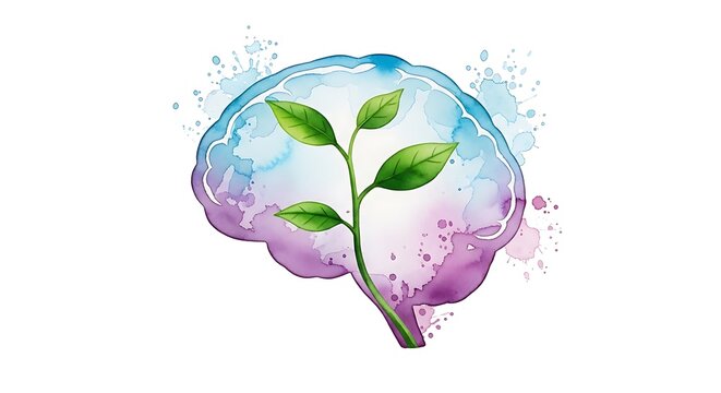 Watercolor illustration of a human brain with a growing plant
