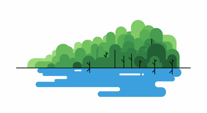 Abstract green trees on a hill behind a flowing blue water stream