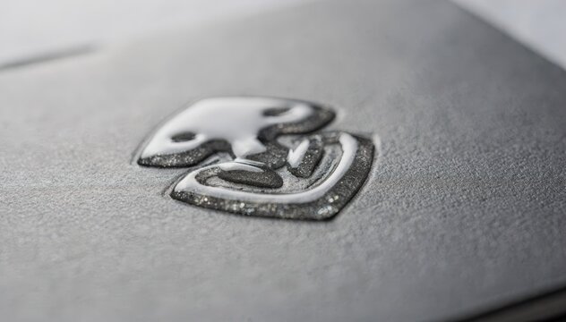 Focused macro view of a matte cover where spot varnish layers intensify the embossed emblem capturing intricate gloss details against an artistically softened setting.