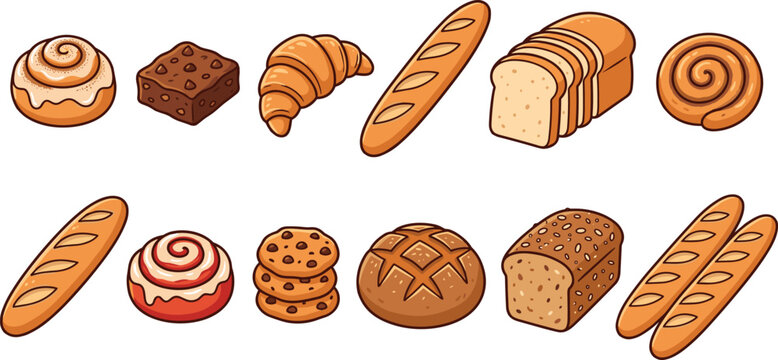 Assorted Bread and Sweet Bakery Pastry Vector Collection with Croissant Baguette Cinnamon Roll Cookies and Loaf Illustrations