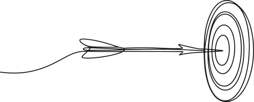 Arrow shoted on the target in continuous one line drawing. Single line art illustration of arrow on target.one line Art icon drawing vector