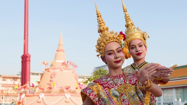 Traditional Thai Khon Dancers Performing at Wat Suthat Near Giant Swing