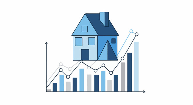 Abstract illustration of a house above bar and line charts