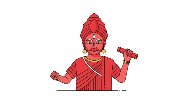 A stylized red figure with a large turban holds a scroll, gesturing