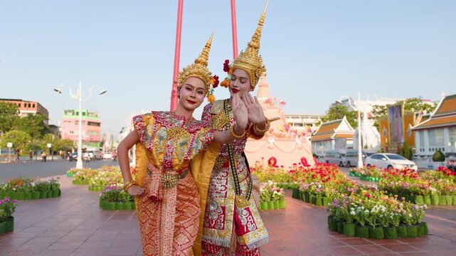 Traditional Thai Khon Dancers Performing at Wat Suthat and Giant Swing