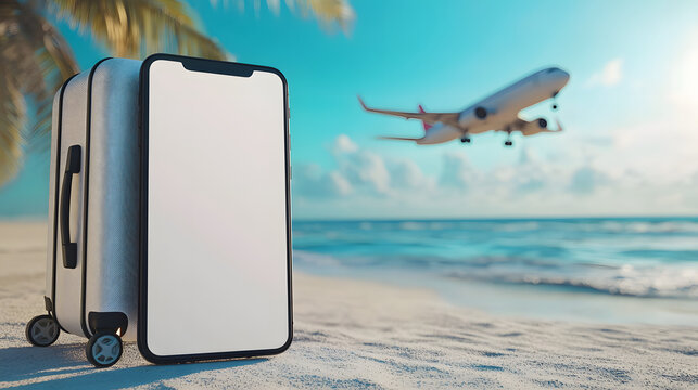 A smartphone with a white screen next to a suitcase on a beach with an ocean and a plane flying overhead - a concept for travel booking and vacation planning