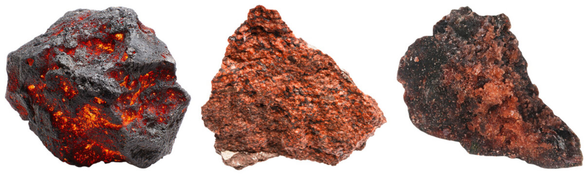 Three mineral rock samples, one glowing with internal orange light, isolated on a white background.